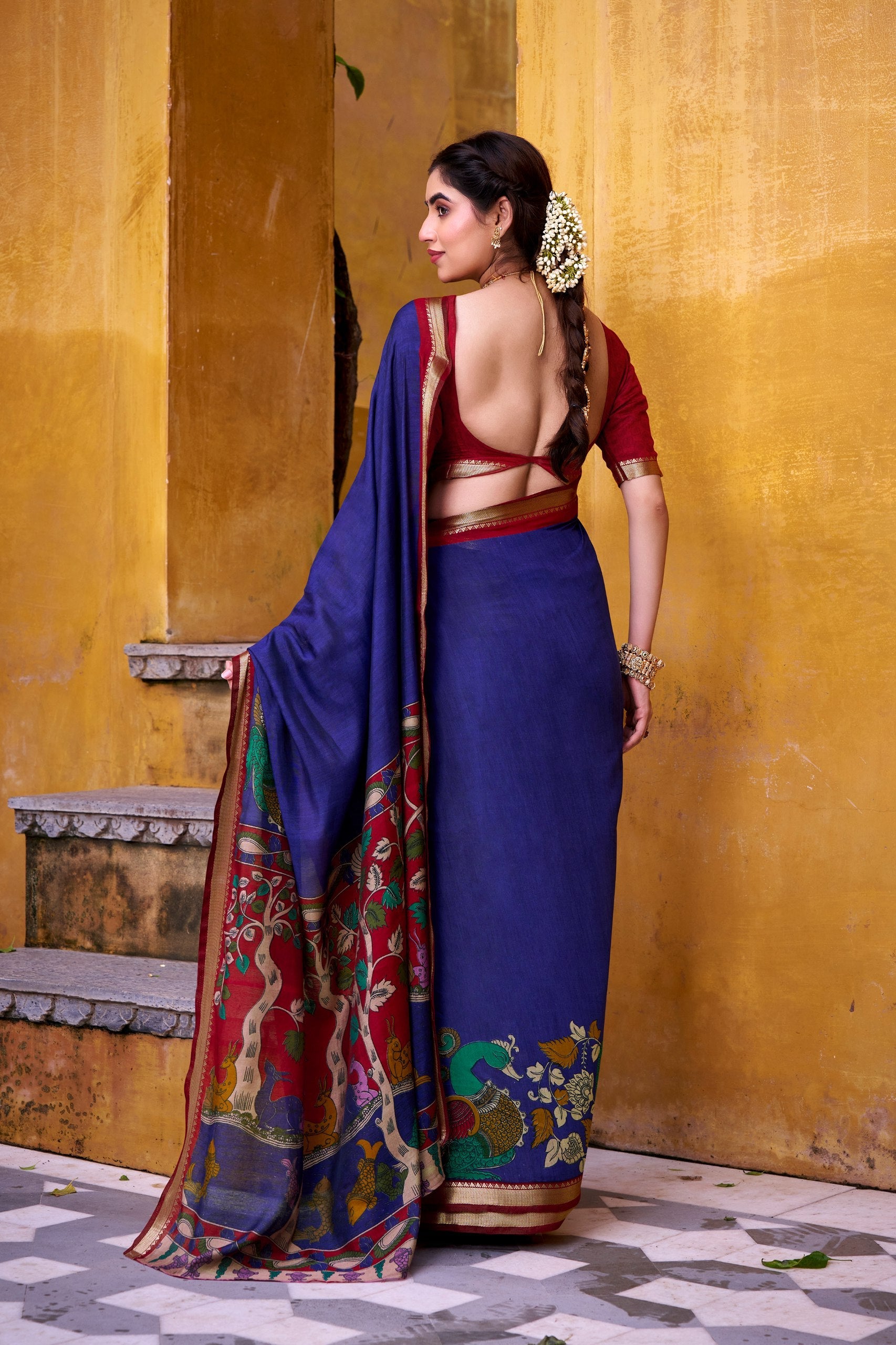 Blue Polyester Viscose Chanderi Saree with Kalamkari Print & Zari Weaving ClothsVilla