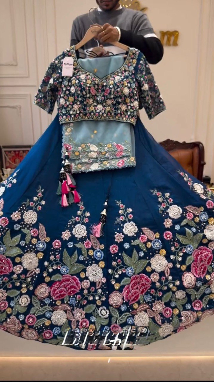 Blue Premium Chinon Silk Lehenga Set with Sequin Work ClothsVilla