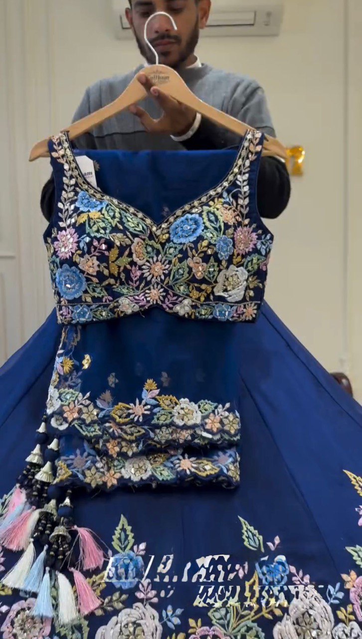 Blue Premium Chinon Silk Lehenga Set with Sequin Work ClothsVilla
