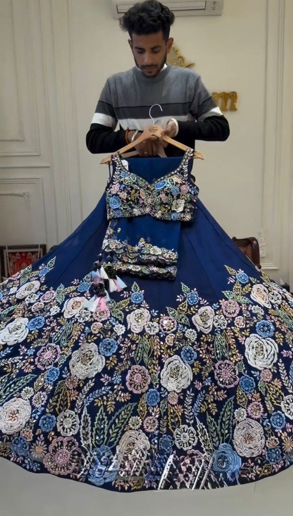 Blue Premium Chinon Silk Lehenga Set with Sequin Work ClothsVilla