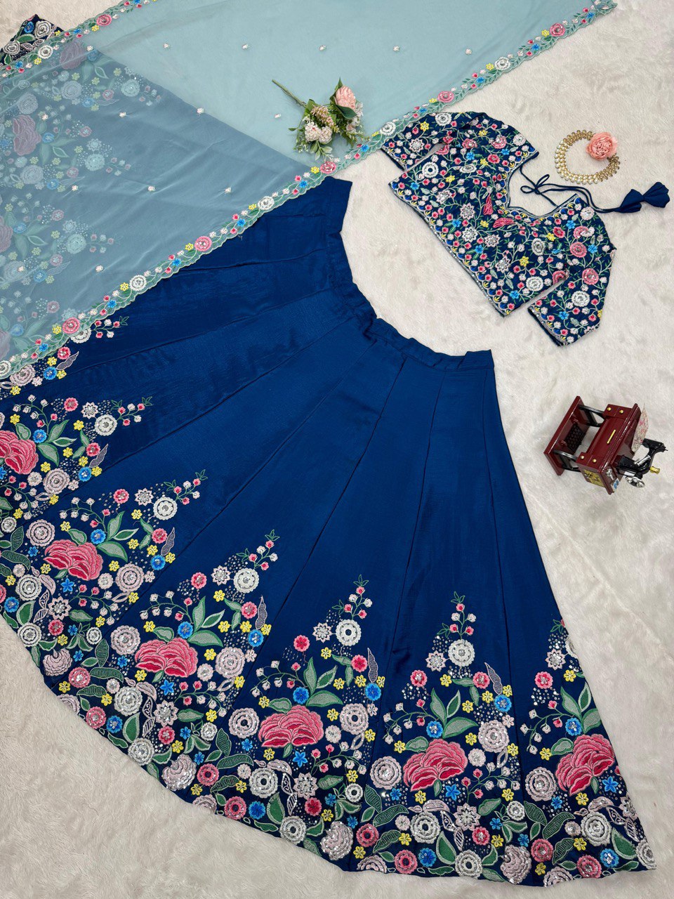 Blue Premium Chinon Silk Lehenga Set with Sequin Work ClothsVilla