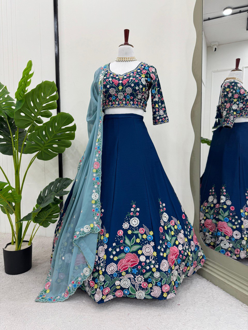 Blue Premium Chinon Silk Lehenga Set with Sequin Work ClothsVilla