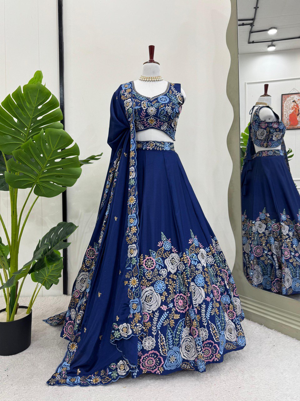 Blue Premium Chinon Silk Lehenga Set with Sequin Work ClothsVilla Main image