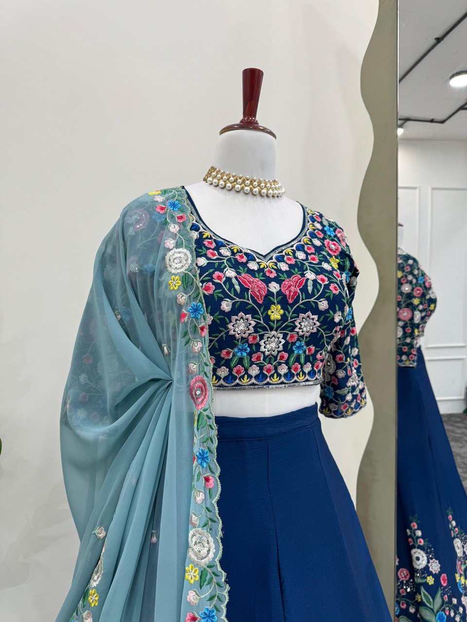 Blue Premium Chinon Silk Lehenga Set with Sequin Work ClothsVilla