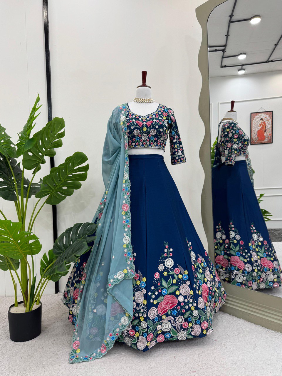 Blue Premium Chinon Silk Lehenga Set with Sequin Work ClothsVilla