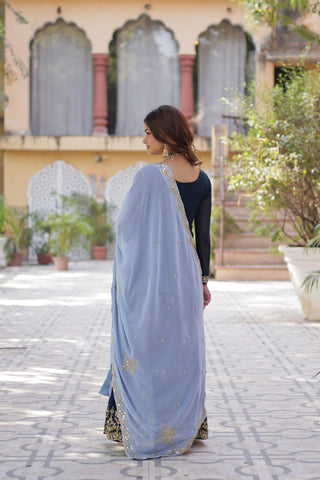 Blue Premium Designer Kurti-Plazzo-Dupatta Set with Sequins Embroidery - Ready to Wear