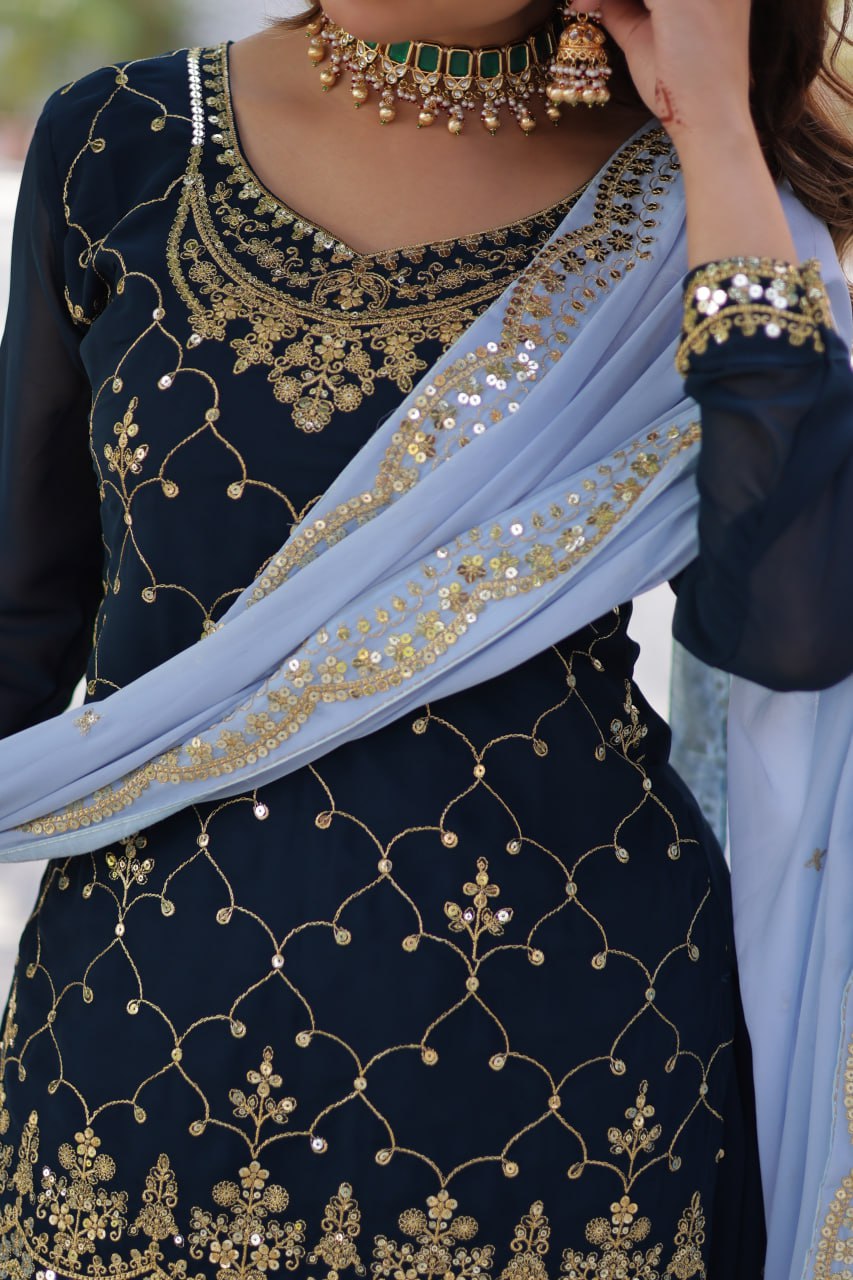 Blue Premium Designer Kurti-Plazzo-Dupatta Set with Sequins Embroidery - Ready to Wear