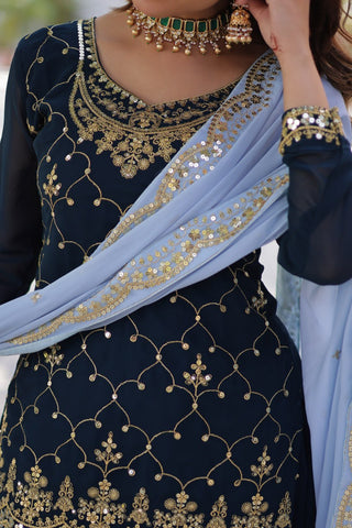 Blue Premium Designer Kurti-Plazzo-Dupatta Set with Sequins Embroidery - Ready to Wear