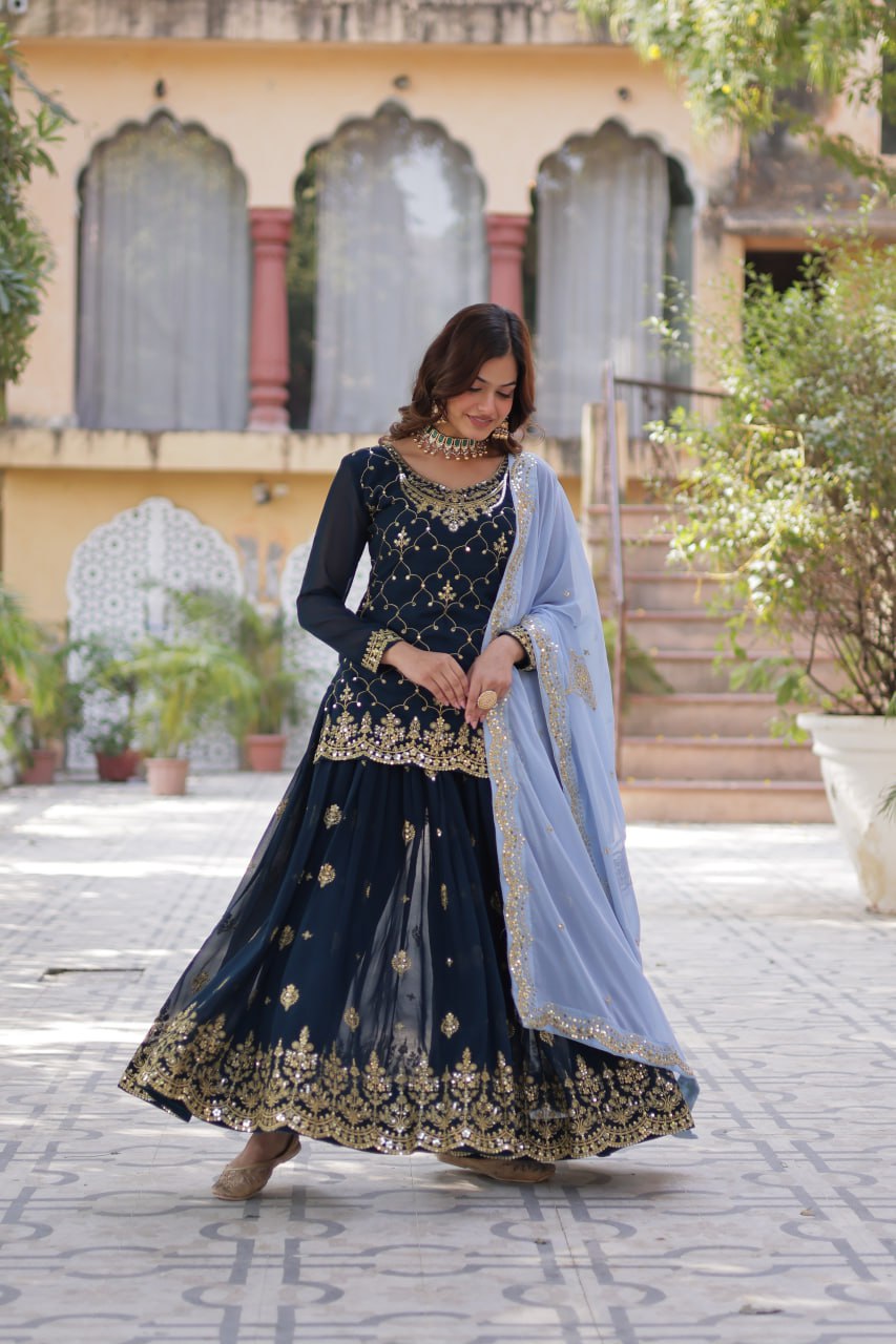 Blue Premium Designer Kurti-Plazzo-Dupatta Set with Sequins Embroidery - Ready to Wear