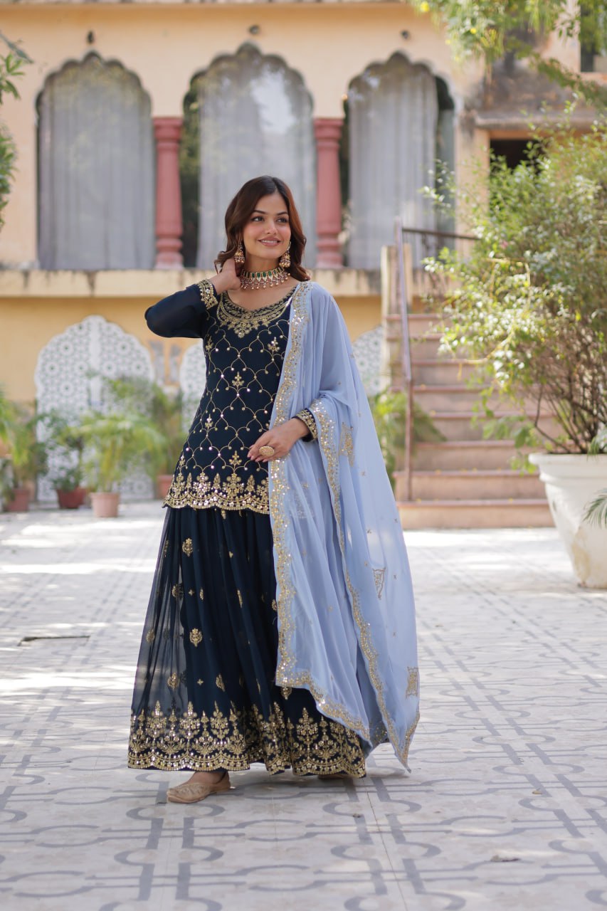 Blue Premium Designer Kurti-Plazzo-Dupatta Set with Sequins Embroidery - Ready to Wear