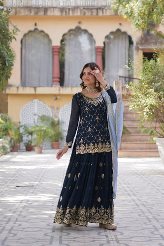 Blue Premium Designer Kurti-Plazzo-Dupatta Set with Sequins Embroidery - Ready to Wear