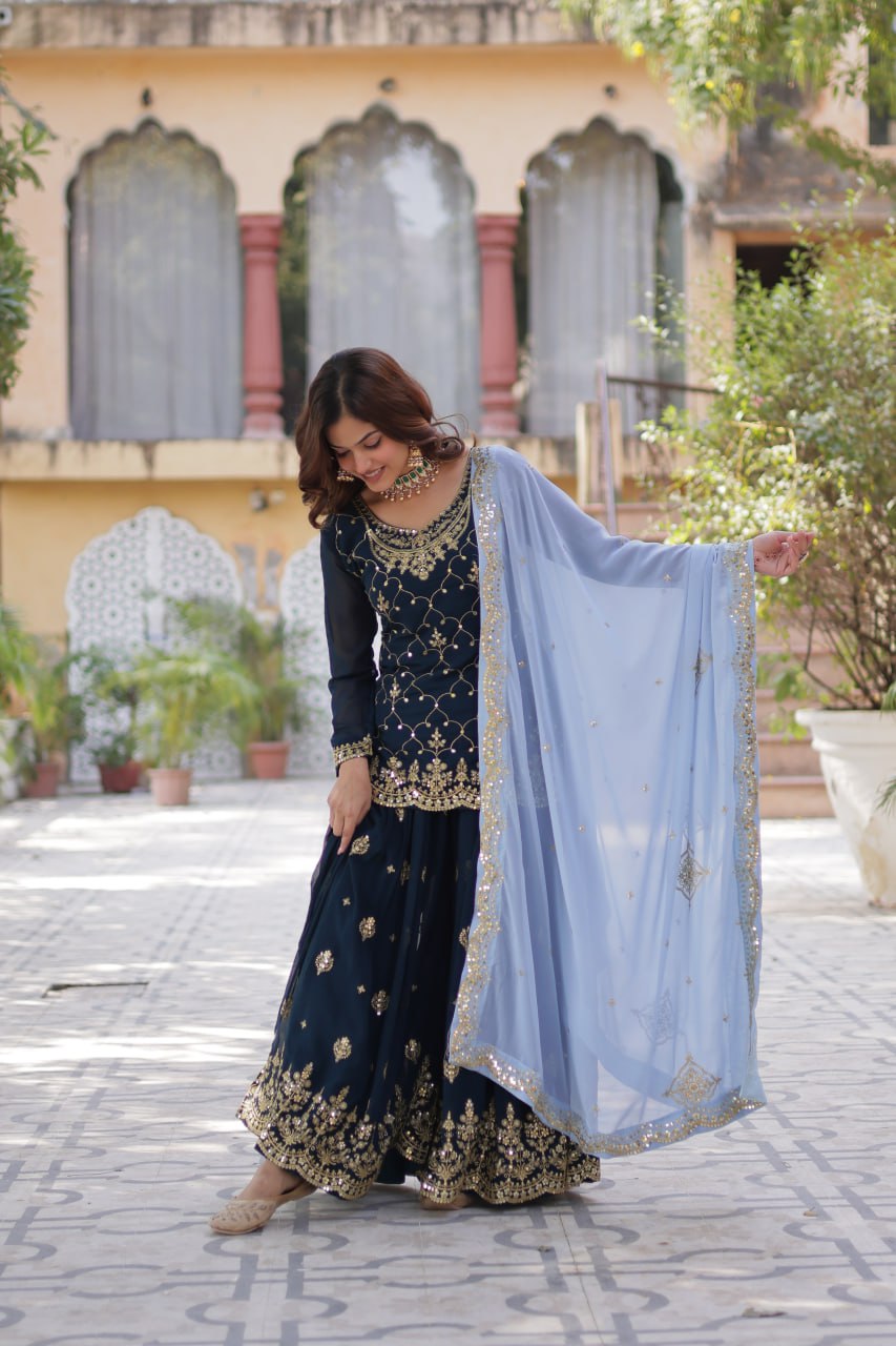Blue Premium Designer Kurti-Plazzo-Dupatta Set with Sequins Embroidery - Ready to Wear
