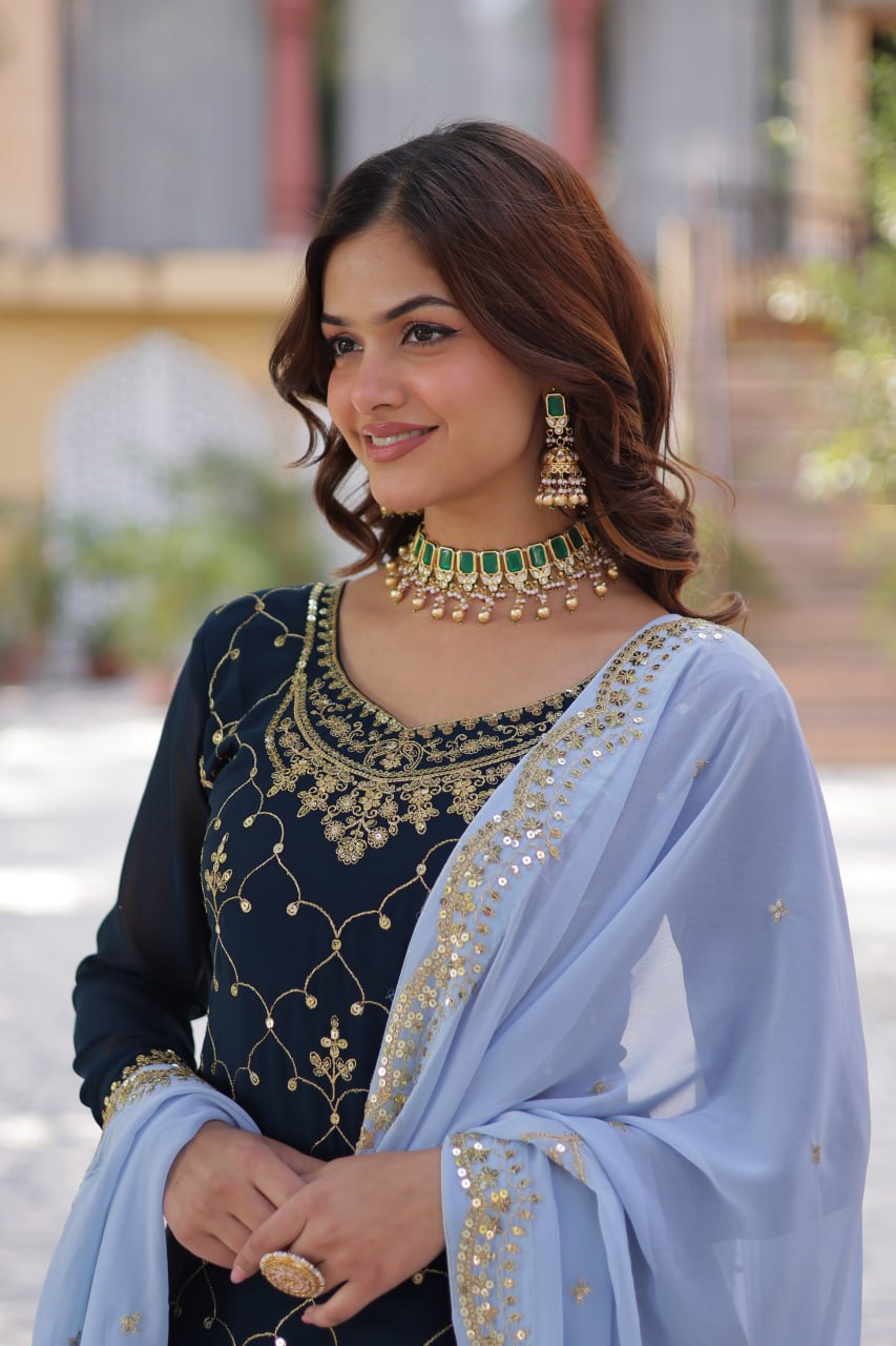 Blue Premium Designer Kurti-Plazzo-Dupatta Set with Sequins Embroidery - Ready to Wear