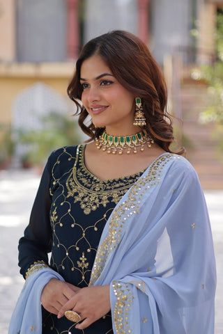 Blue Premium Designer Kurti-Plazzo-Dupatta Set with Sequins Embroidery - Ready to Wear
