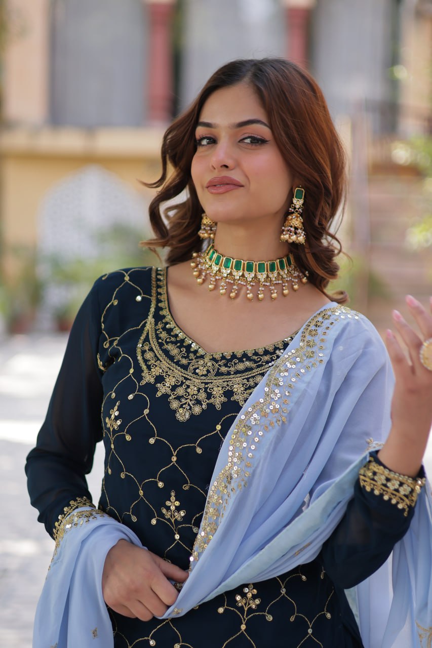 Blue Premium Designer Kurti-Plazzo-Dupatta Set with Sequins Embroidery - Ready to Wear