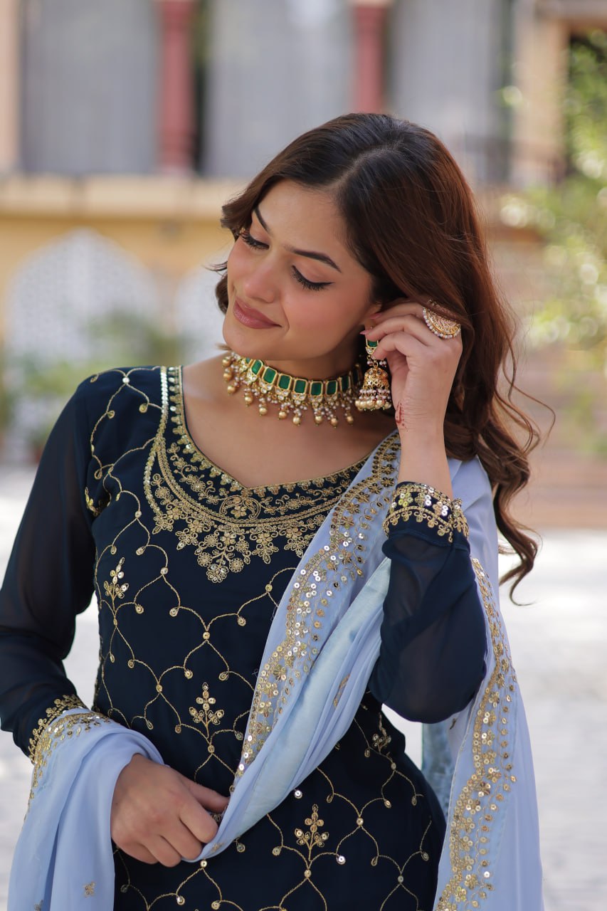 Blue Premium Designer Kurti-Plazzo-Dupatta Set with Sequins Embroidery - Ready to Wear