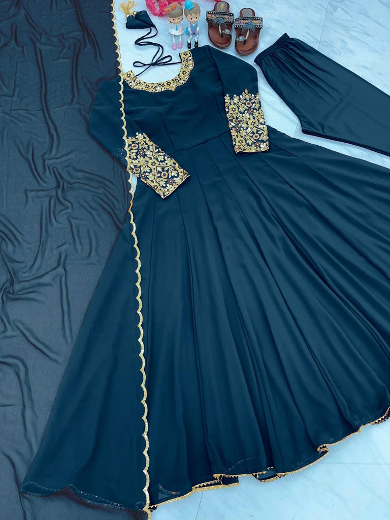 Blue Premium Designer Party Wear Anarkali Gown, Dupatta & Bottom Set Clothsvilla