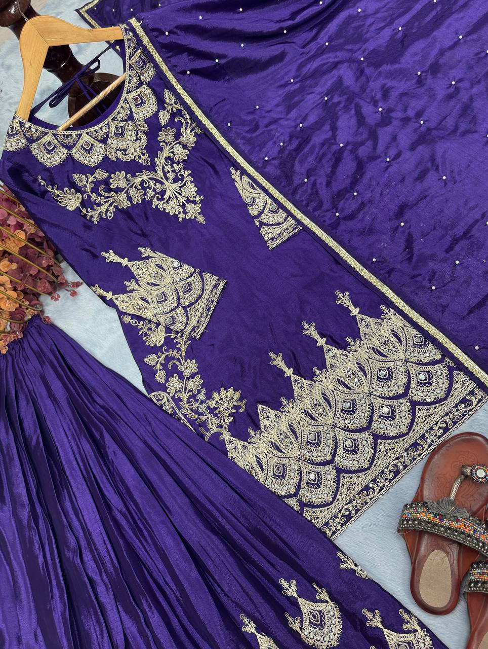 Blue Premium Designer Party Wear Chinon Silk Top, Palazzo & Dupatta Set Clothsvilla