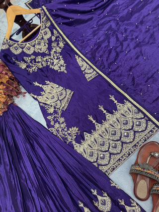 Blue Premium Designer Party Wear Chinon Silk Top, Palazzo & Dupatta Set Clothsvilla
