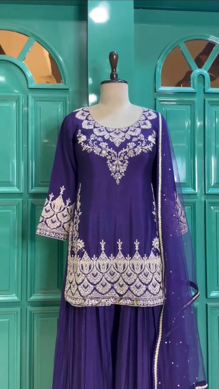 Blue Premium Designer Party Wear Chinon Silk Top, Palazzo & Dupatta Set Clothsvilla