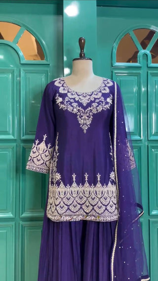 Blue Premium Designer Party Wear Chinon Silk Top, Palazzo & Dupatta Set Clothsvilla
