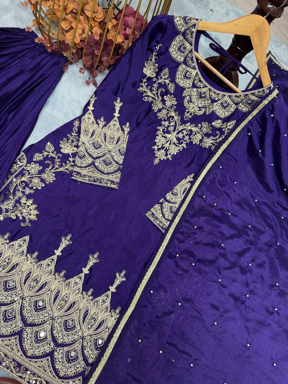 Blue Premium Designer Party Wear Chinon Silk Top, Palazzo & Dupatta Set Clothsvilla