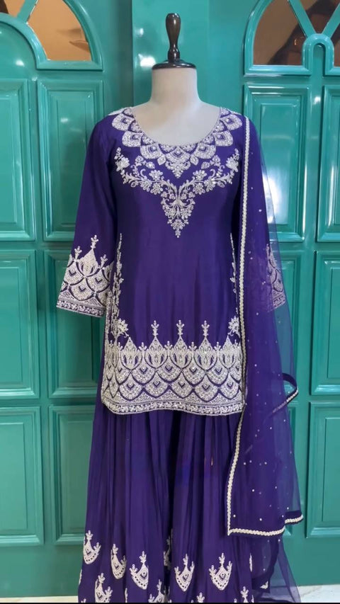 Blue Premium Designer Party Wear Chinon Silk Top, Palazzo & Dupatta Set Clothsvilla Main image