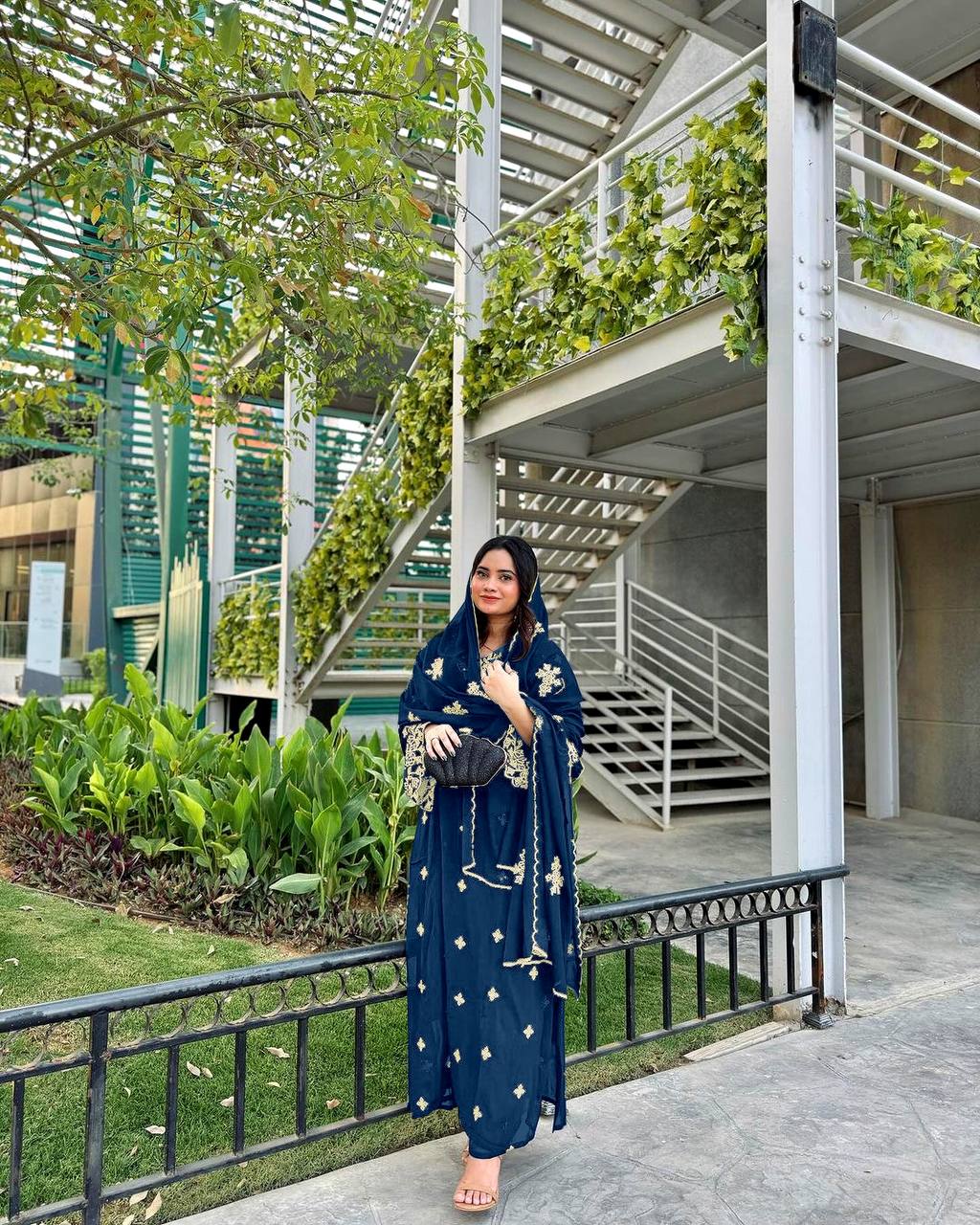 Blue Premium Designer Party Wear Faux Georgette Top, Bottom & Dupatta Set Clothsvilla Main image