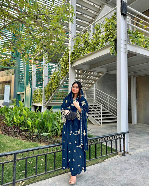 Blue Premium Designer Party Wear Faux Georgette Top, Bottom & Dupatta Set Clothsvilla Main image