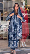 Load image into Gallery viewer, Blue Premium Designer Party Wear Maslin Cotton Top, Bottom &amp; Dupatta Set ClothsVilla