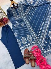 Load image into Gallery viewer, Blue Premium Designer Party Wear Maslin Cotton Top, Bottom &amp; Dupatta Set ClothsVilla