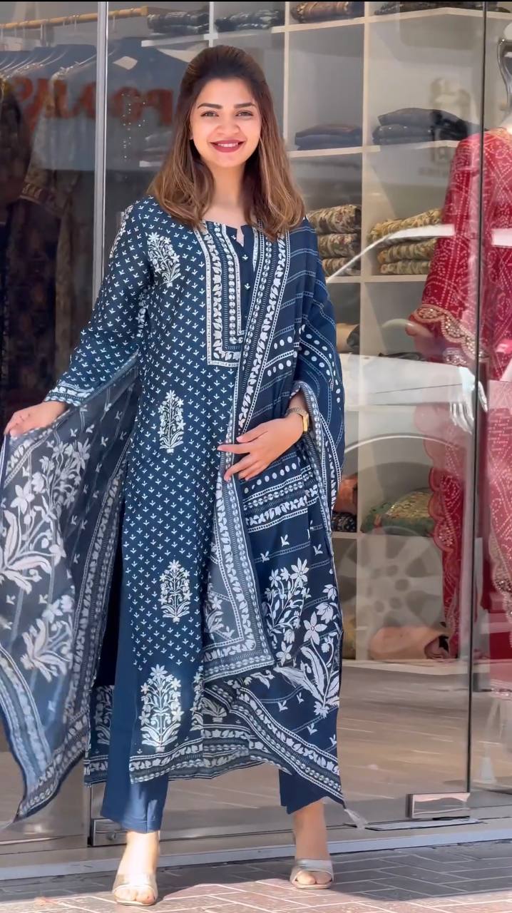 Blue Premium Designer Party Wear Maslin Cotton Top, Bottom & Dupatta Set ClothsVilla Main image
