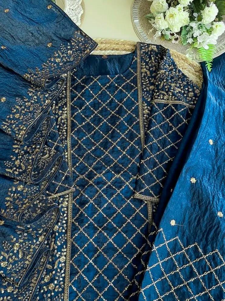 Blue Premium Designer Party Wear Ready-Made Top, Plazzo & Dupatta Set ClothsVilla