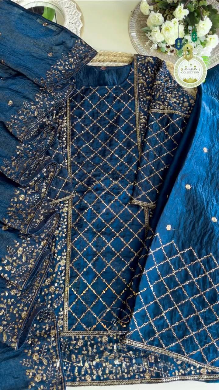 Blue Premium Designer Party Wear Ready-Made Top, Plazzo & Dupatta Set ClothsVilla