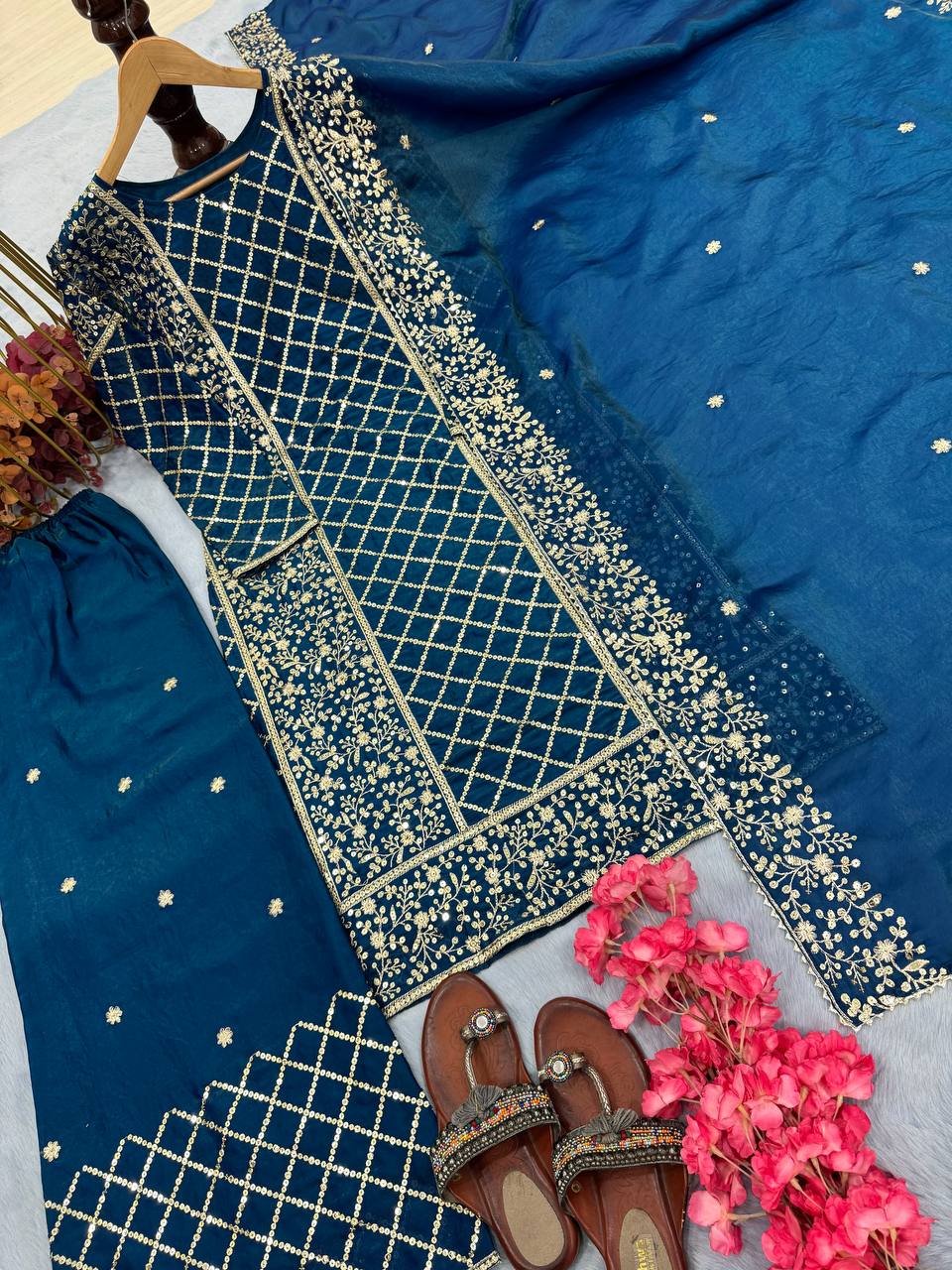 Blue Premium Designer Party Wear Ready-Made Top, Plazzo & Dupatta Set ClothsVilla