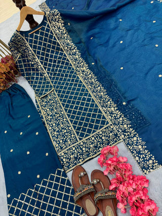 Blue Premium Designer Party Wear Ready-Made Top, Plazzo & Dupatta Set ClothsVilla
