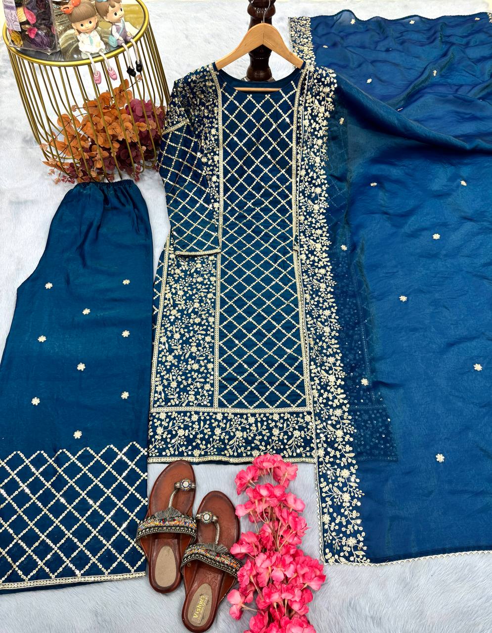 Blue Premium Designer Party Wear Ready-Made Top, Plazzo & Dupatta Set ClothsVilla Main image