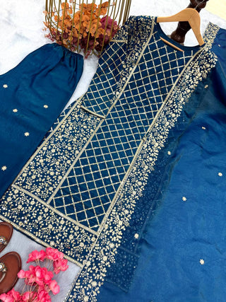 Blue Premium Designer Party Wear Ready-Made Top, Plazzo & Dupatta Set ClothsVilla