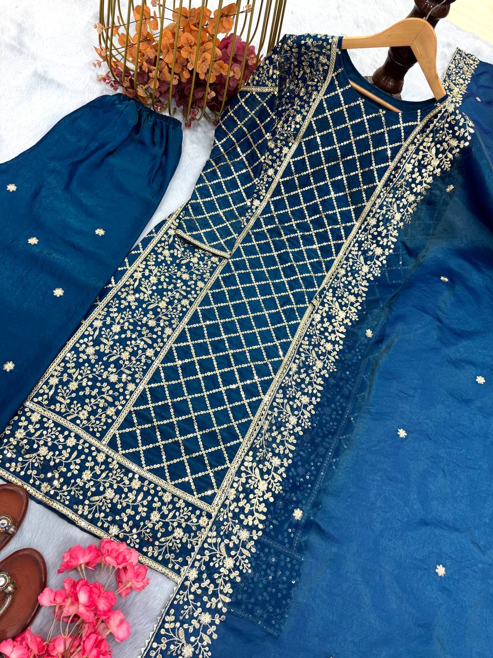 Blue Premium Designer Party Wear Ready-Made Top, Plazzo & Dupatta Set ClothsVilla