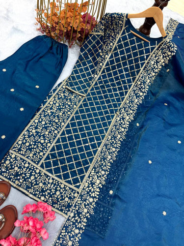 Blue Premium Designer Party Wear Ready-Made Top, Plazzo & Dupatta Set ClothsVilla