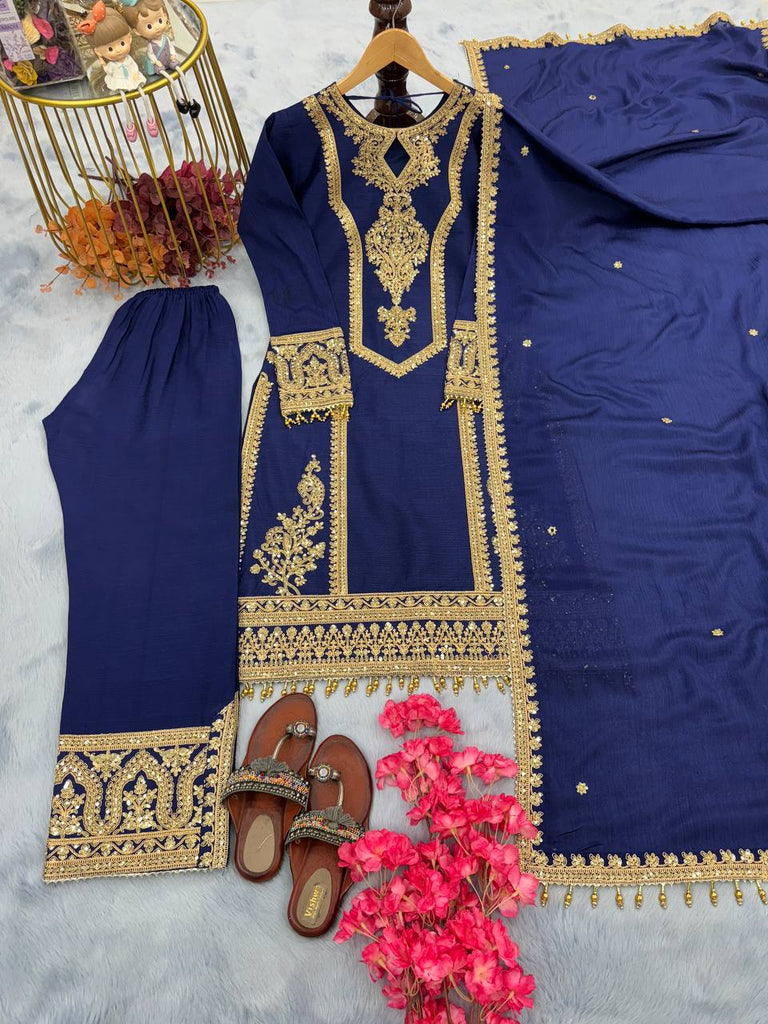 Blue Premium Designer Ready-to-Wear Top, Plazzo & Dupatta Set Clothsvilla