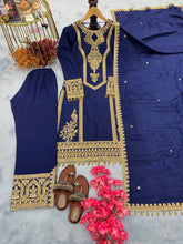 Load image into Gallery viewer, Blue Premium Designer Ready-to-Wear Top, Plazzo &amp; Dupatta Set Clothsvilla