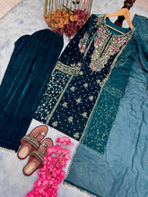 Load image into Gallery viewer, Blue Premium Designer Ready-to-Wear Velvet Top, Palazzo, and Dupatta Set ClothsVilla