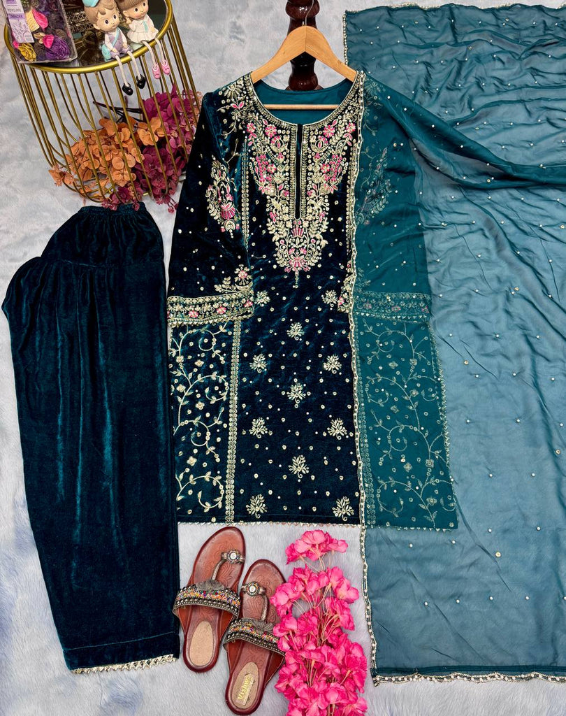 Blue Premium Designer Ready-to-Wear Velvet Top, Palazzo, and Dupatta Set ClothsVilla