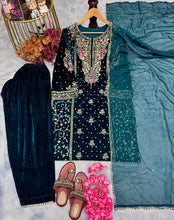 Load image into Gallery viewer, Blue Premium Designer Ready-to-Wear Velvet Top, Palazzo, and Dupatta Set ClothsVilla