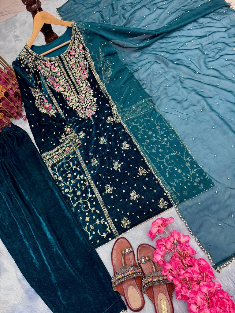 Blue Premium Designer Ready-to-Wear Velvet Top, Palazzo, and Dupatta Set ClothsVilla