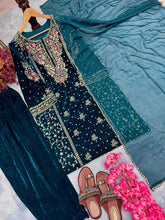 Load image into Gallery viewer, Blue Premium Designer Ready-to-Wear Velvet Top, Palazzo, and Dupatta Set ClothsVilla