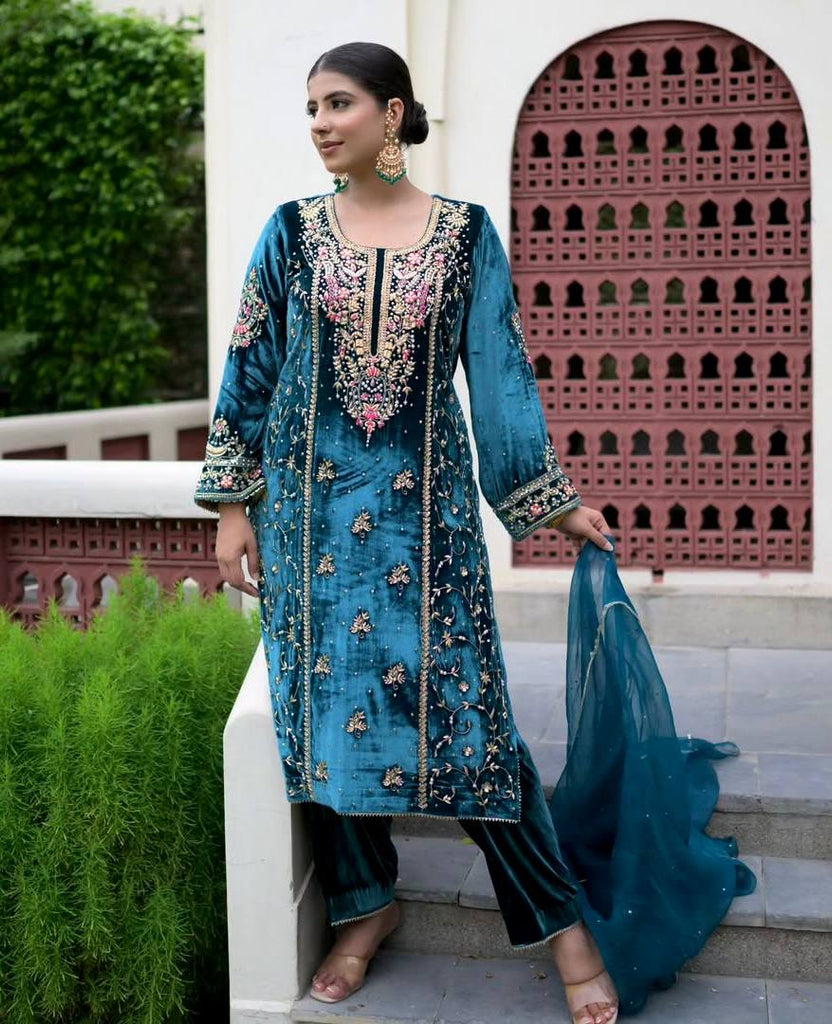 Blue Premium Designer Ready-to-Wear Velvet Top, Palazzo, and Dupatta Set ClothsVilla