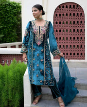 Load image into Gallery viewer, Blue Premium Designer Ready-to-Wear Velvet Top, Palazzo, and Dupatta Set ClothsVilla