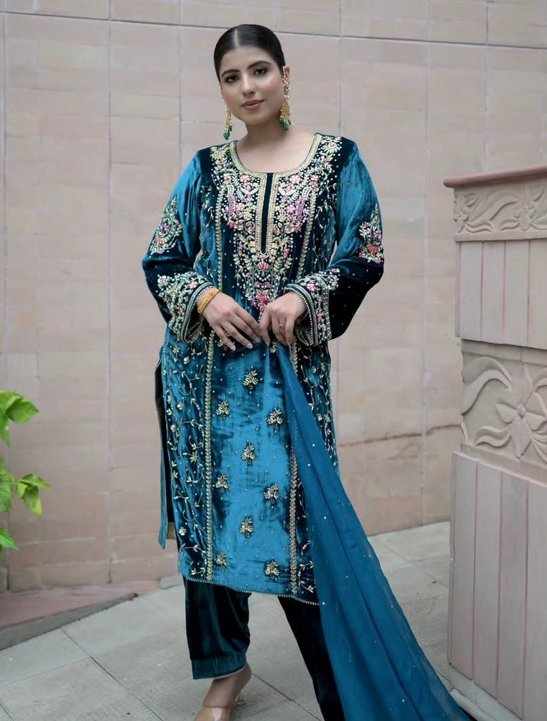 Blue Premium Designer Ready-to-Wear Velvet Top, Palazzo, and Dupatta Set ClothsVilla